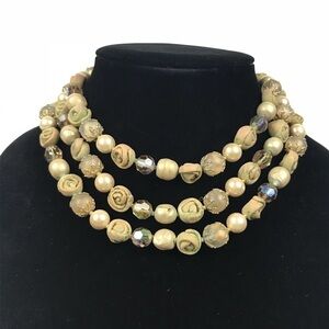 Vtg Vendome 3 Strand Aurora Borealis AB Crystal Rose Shaped Collar Necklace